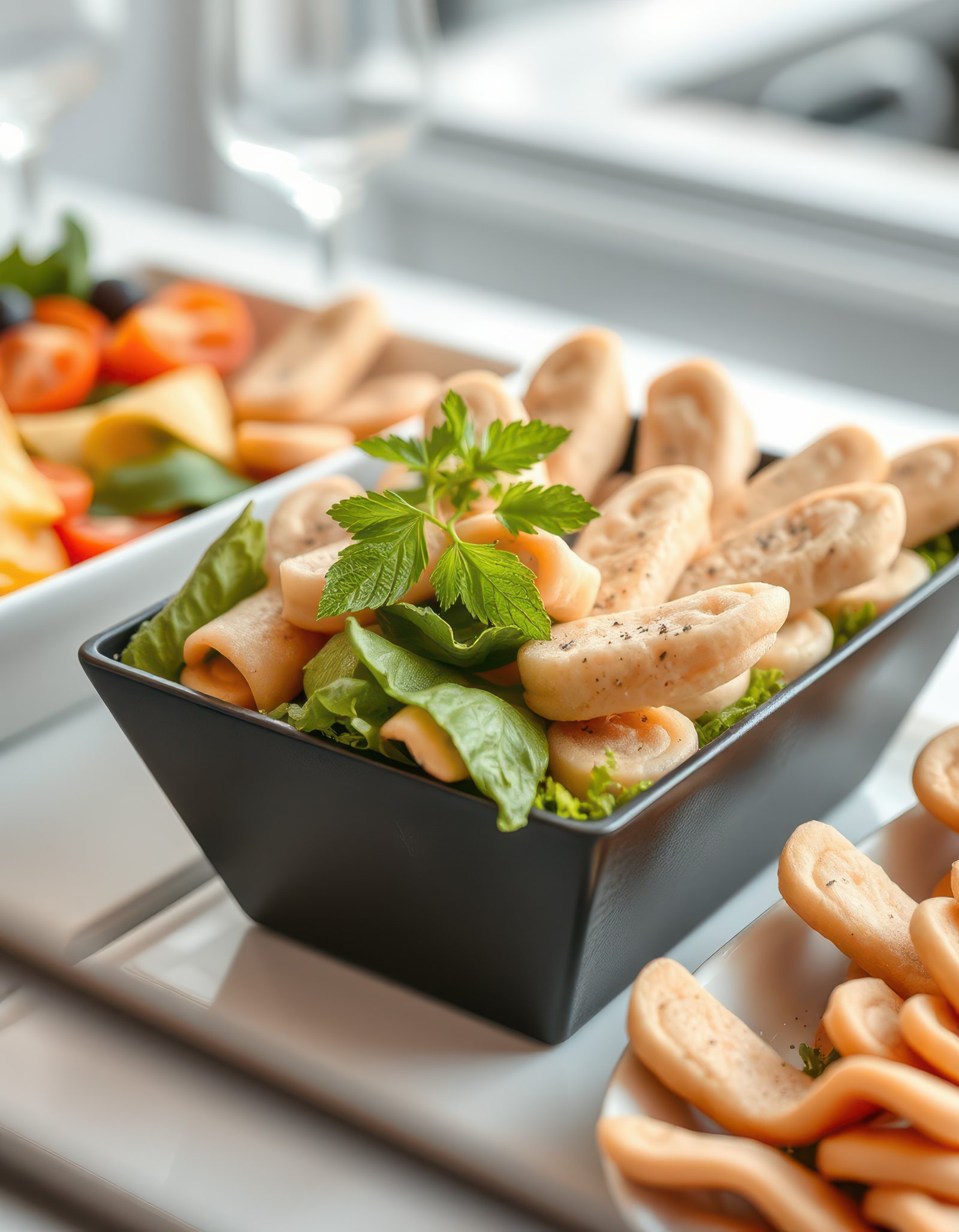 Delectable pastry appetizers garnished with fresh mint rest in a black bowl at a daytime buffet